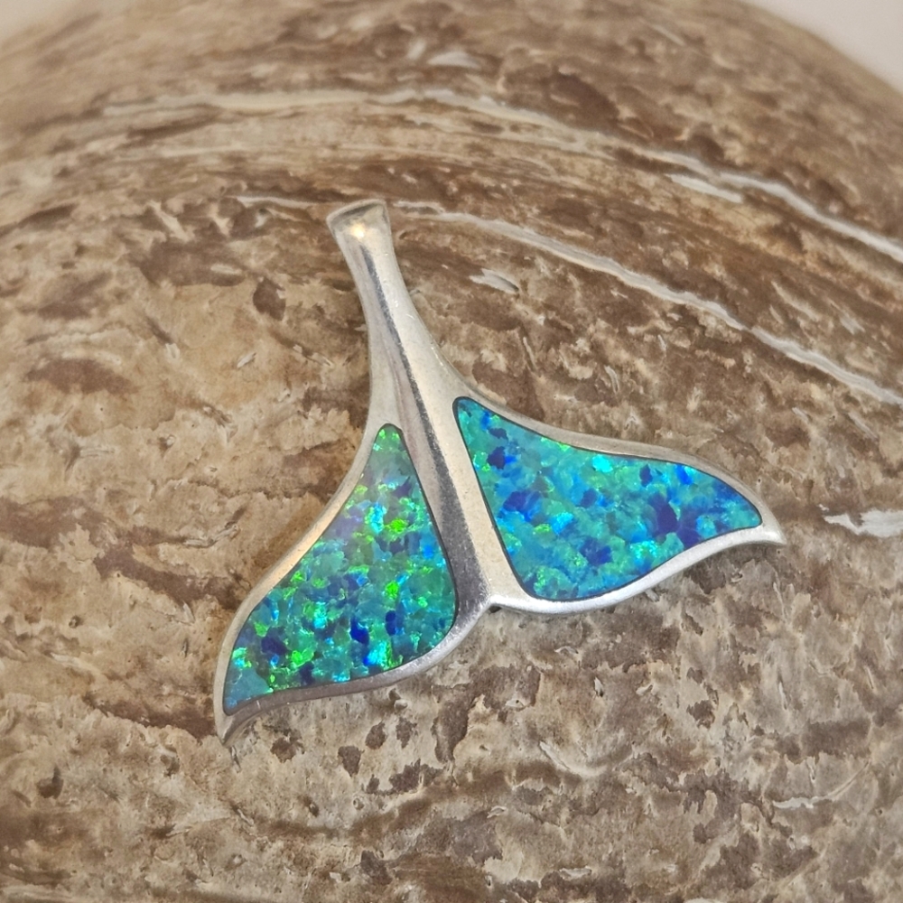Hawaiian Blue Opal Inlay 925 Whale Tail Sterling Silver Pendant